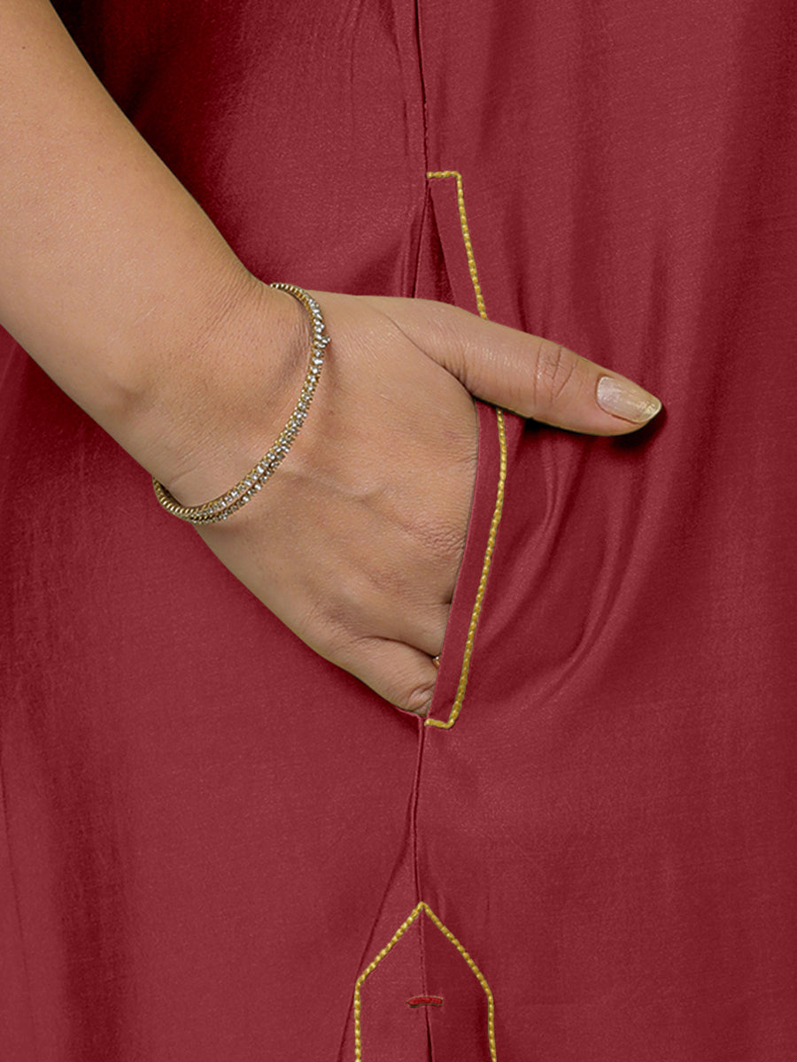 Sarah x Rozaana Kurta, in Red Viscose, featuring sleeveless and boat neckline, made for daily & work (view 4).