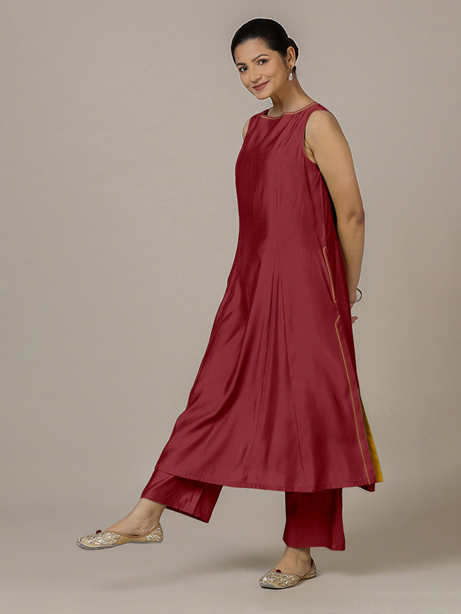 Sarah x Rozaana Kurta, in Red Viscose, featuring sleeveless and boat neckline, made for daily & work (view 6).