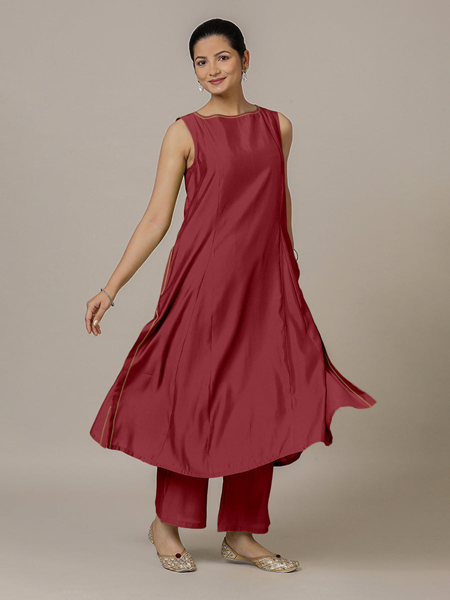 Sarah x Rozaana Kurta, in Red Viscose, featuring sleeveless and boat neckline, made for daily & work (view 7).