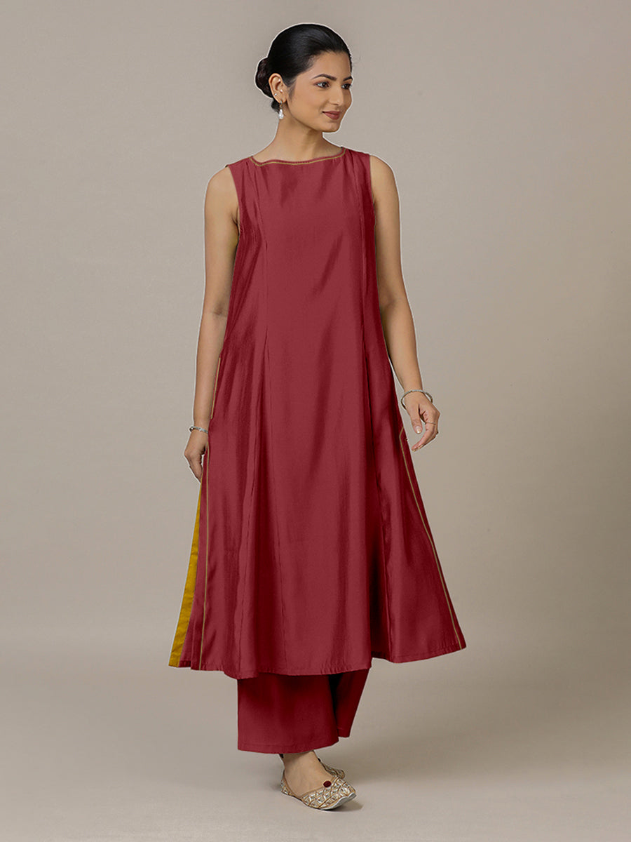 Sarah x Rozaana Kurta, in Red Viscose, featuring sleeveless and boat neckline, made for daily & work (view 8).