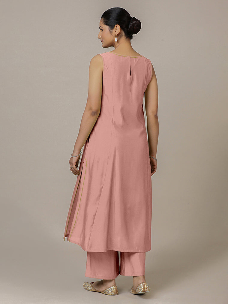 Sarah x Rozaana Kurta, in Pink Viscose, featuring sleeveless and boat neckline, made for daily & work (view 2).