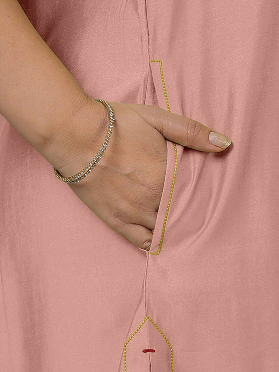Sarah x Rozaana Kurta, in Pink Viscose, featuring sleeveless and boat neckline, made for daily & work (view 4).