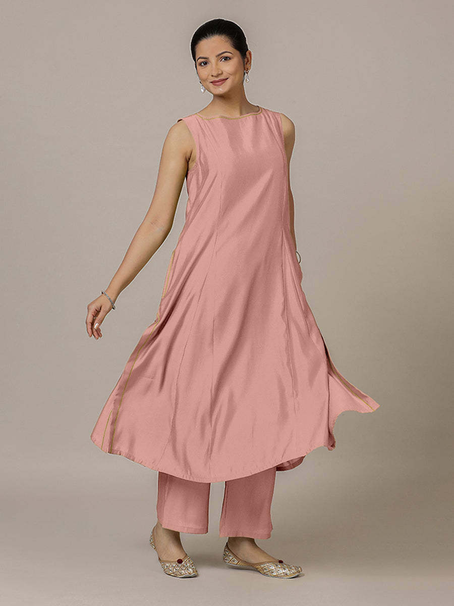 Sarah x Rozaana Kurta, in Pink Viscose, featuring sleeveless and boat neckline, made for daily & work (view 7).