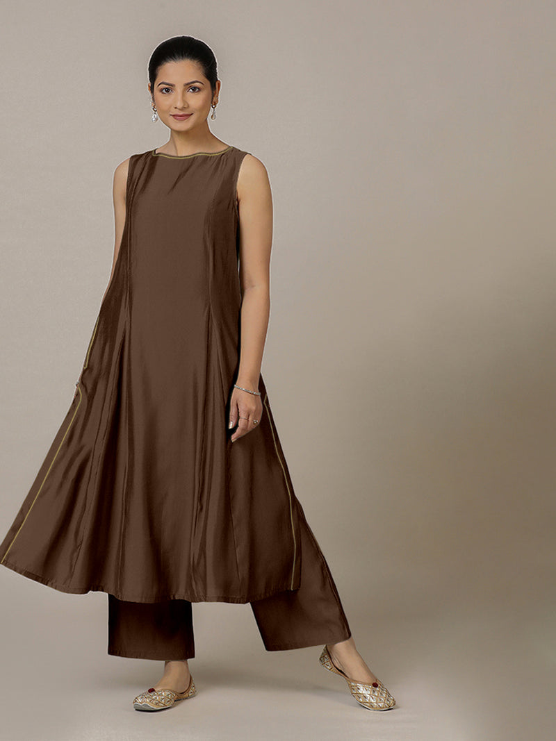 Sarah x Rozaana | A Line Kurta in Walnut Brown with Thread Work | Coords or Only Kurta-Binks