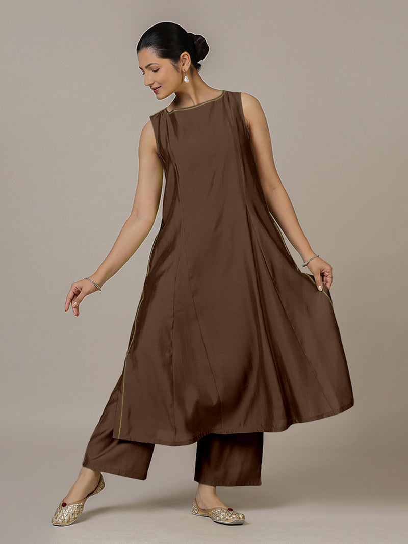 Sarah x Rozaana | A Line Kurta in Walnut Brown with Thread Work | Coords or Only Kurta-Binks