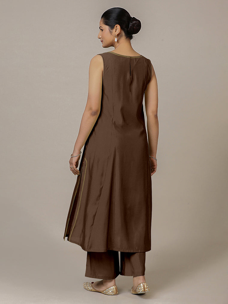 Sarah x Rozaana Kurta, in Brown Viscose, featuring sleeveless and boat neckline, made for daily & work (view 2).