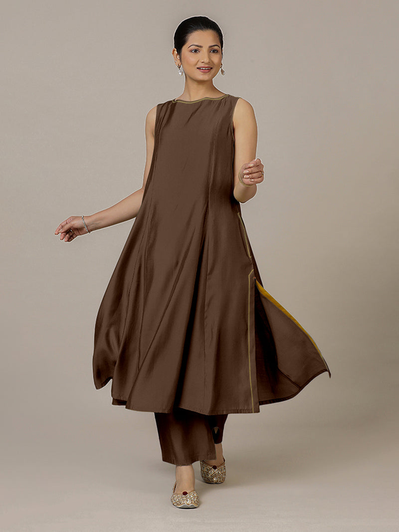 Sarah x Rozaana | A Line Kurta in Walnut Brown with Thread Work | Coords or Only Kurta-Binks