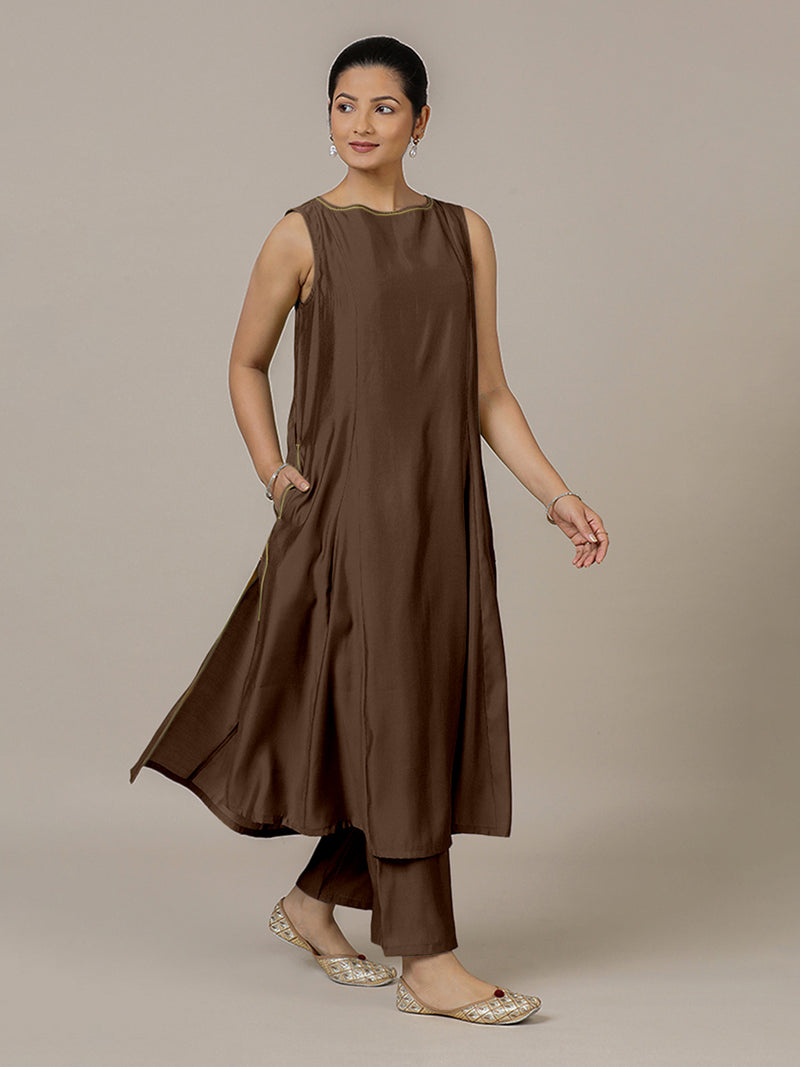 Sarah x Rozaana | A Line Kurta in Walnut Brown with Thread Work | Coords or Only Kurta-Binks