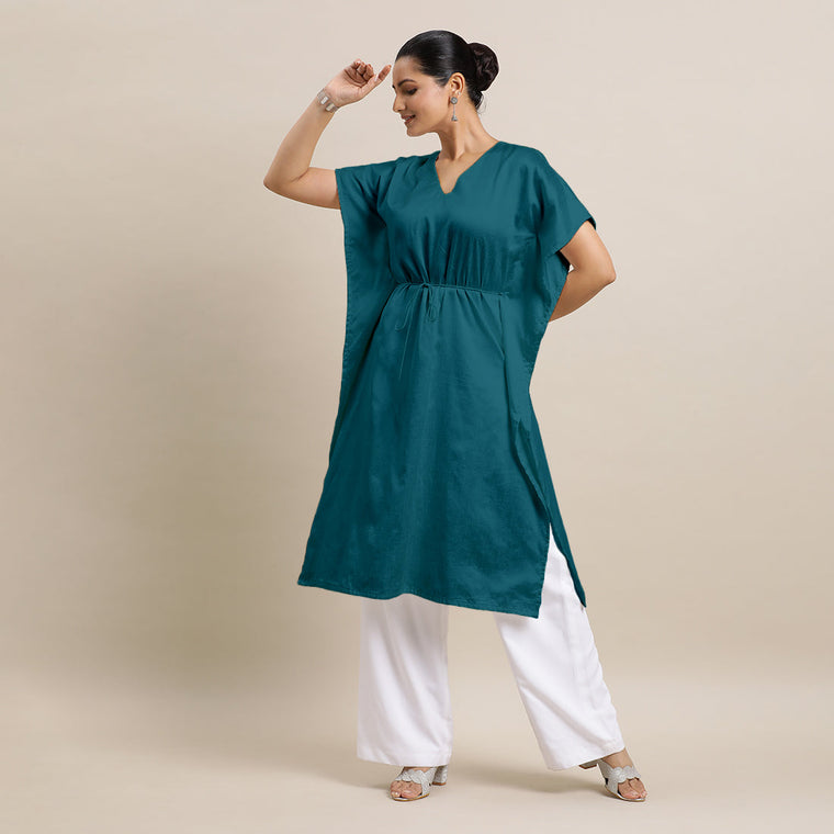 Siya x Rozaana Kurta, in Green Viscose, featuring elbow sleeves and v-neckline, made for daily & work (view 3).