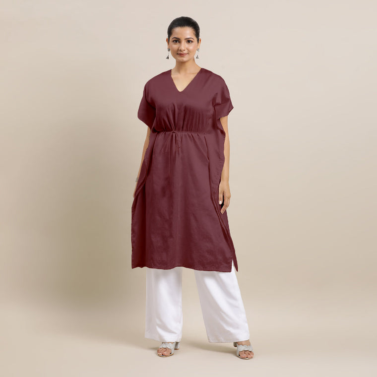 Siya x Rozaana Kurta, in Maroon Viscose, featuring elbow sleeves and v-neckline, made for daily & work.
