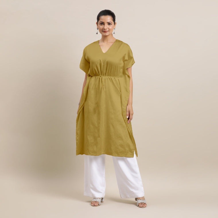Siya x Rozaana Kurta, in Yellow Viscose, featuring elbow sleeves and v-neckline, made for daily & work.