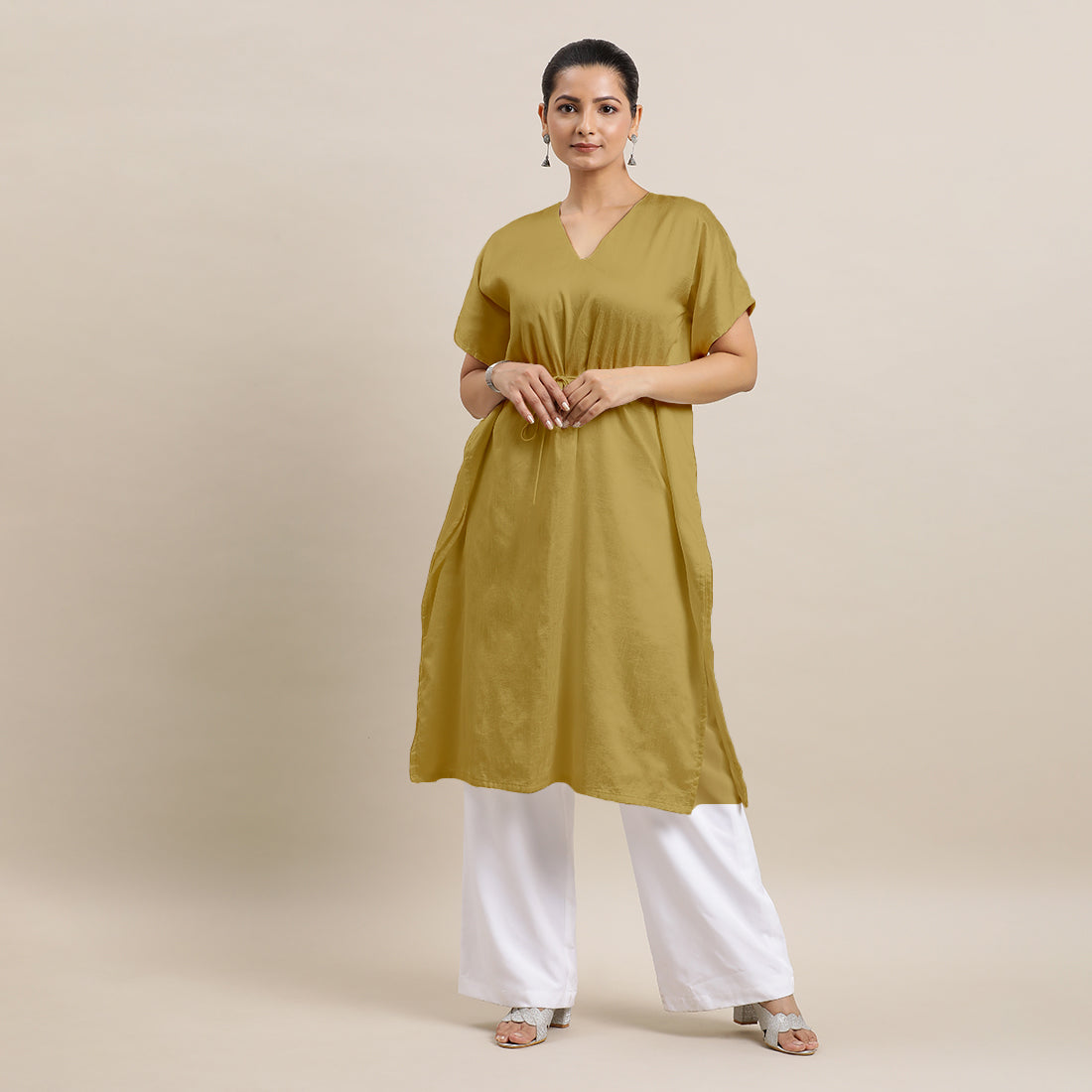 Siya x Rozaana Kurta, in Yellow Viscose, featuring elbow sleeves and v-neckline, made for daily & work (view 7).