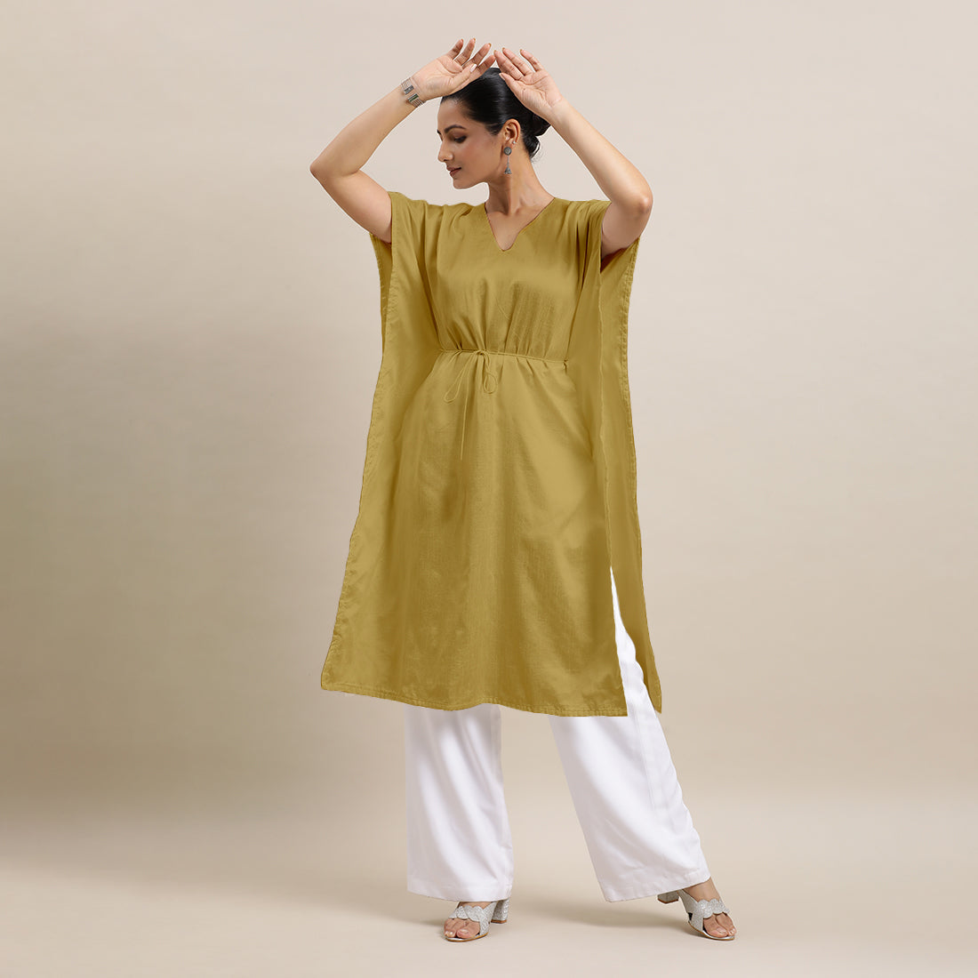 Siya x Rozaana Kurta, in Yellow Viscose, featuring elbow sleeves and v-neckline, made for daily & work (view 8).
