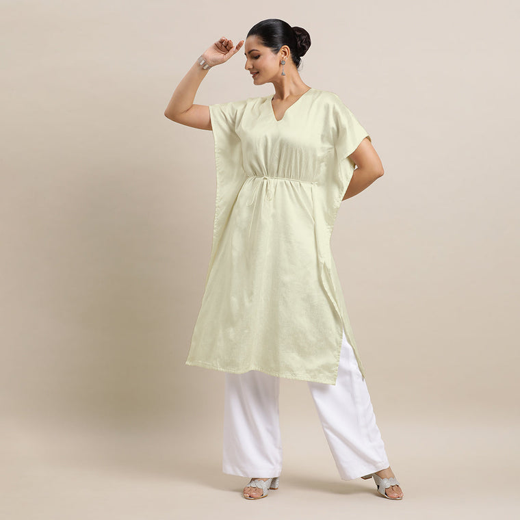 Siya x Rozaana Kurta, in White Viscose, featuring elbow sleeves and v-neckline, made for daily & work.