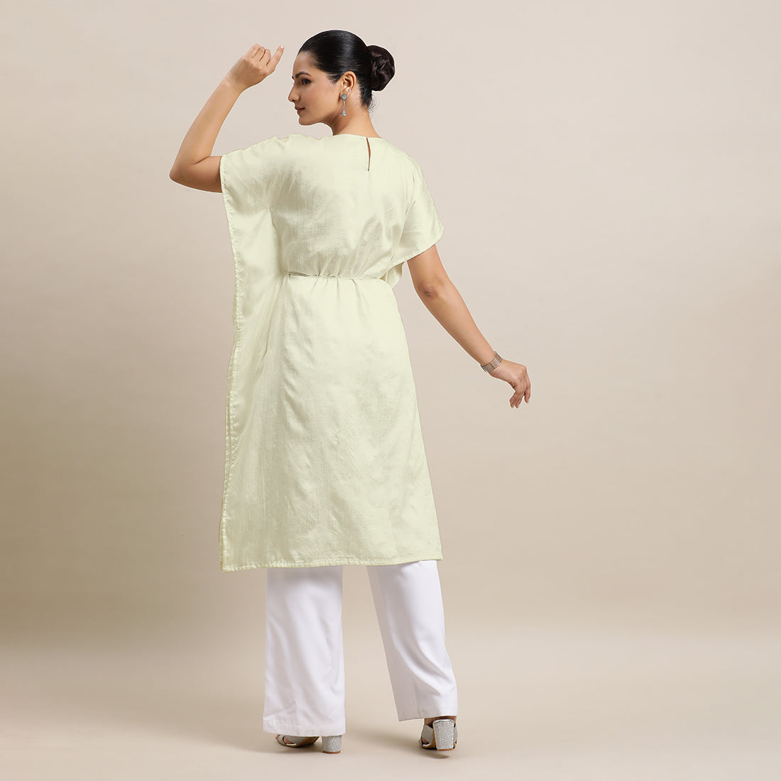 Siya x Rozaana Kurta, in White Viscose, featuring elbow sleeves and v-neckline, made for daily & work (view 2).