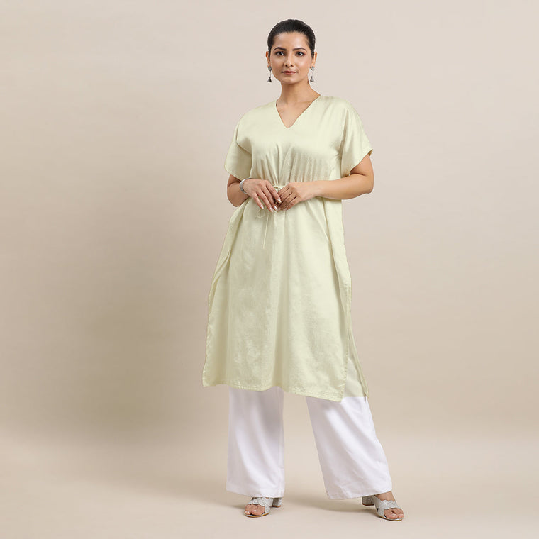 Siya x Rozaana Kurta, in White Viscose, featuring elbow sleeves and v-neckline, made for daily & work (view 3).