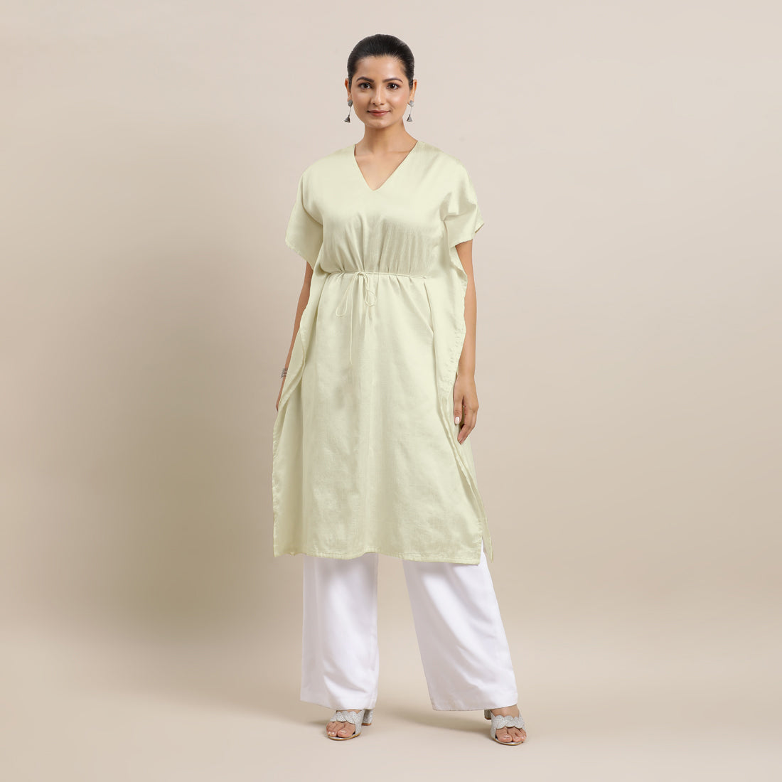 Siya x Rozaana Kurta, in White Viscose, featuring elbow sleeves and v-neckline, made for daily & work (view 4).