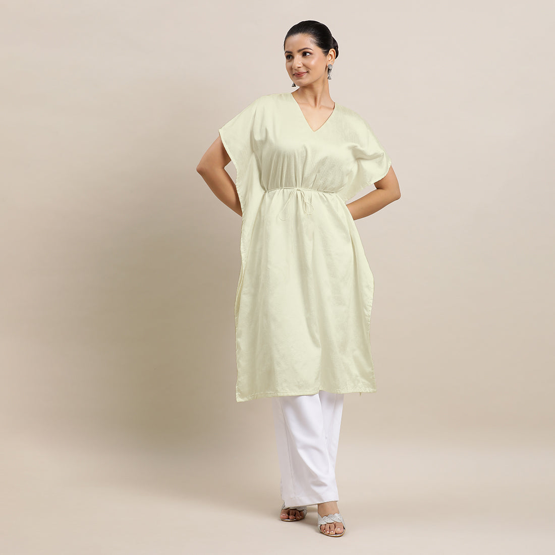 Siya x Rozaana Kurta, in White Viscose, featuring elbow sleeves and v-neckline, made for daily & work (view 5).