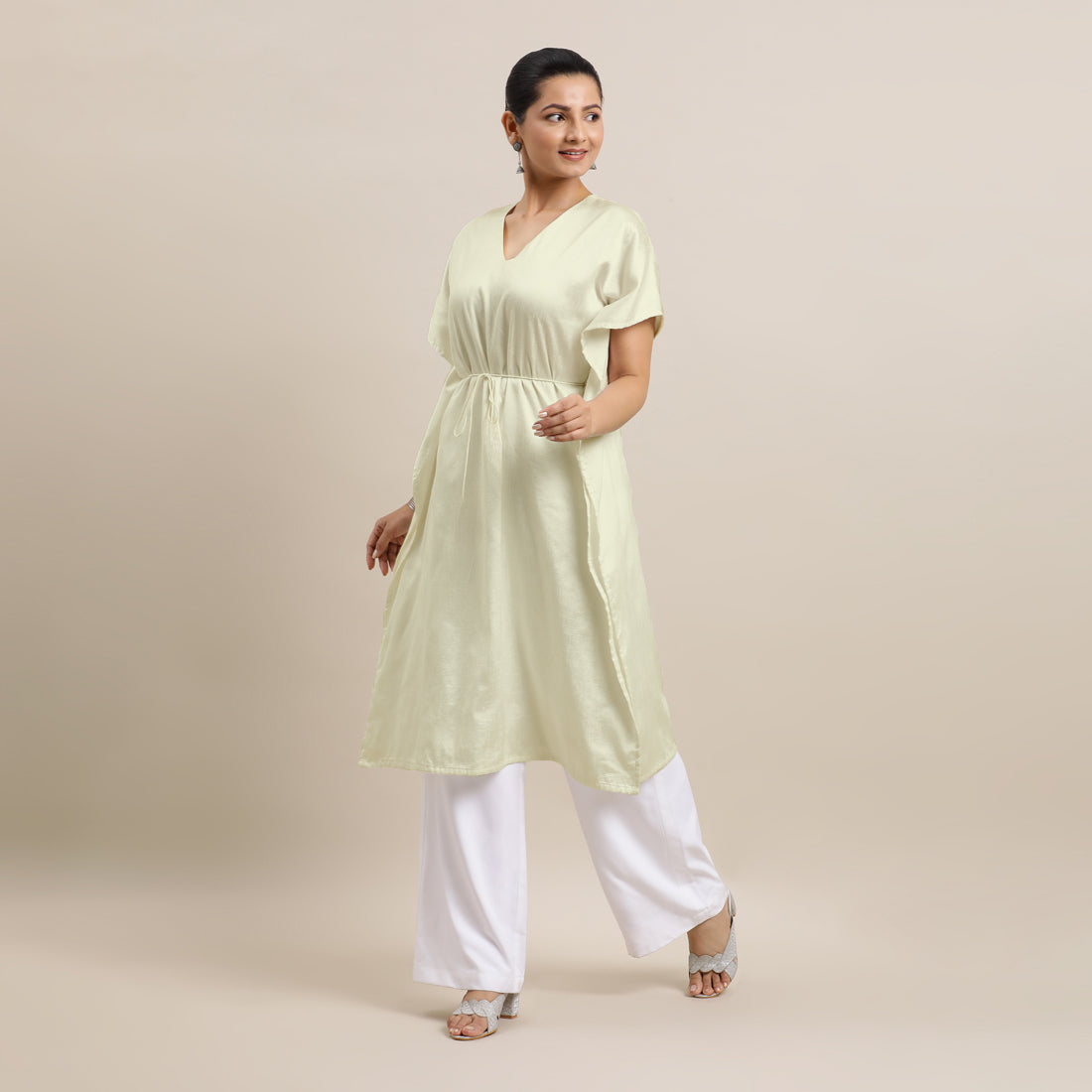 Siya x Rozaana Kurta, in White Viscose, featuring elbow sleeves and v-neckline, made for daily & work (view 7).