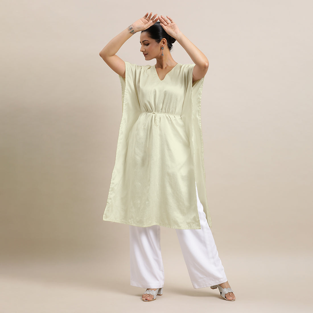 Siya x Rozaana Kurta, in White Viscose, featuring elbow sleeves and v-neckline, made for daily & work (view 8).