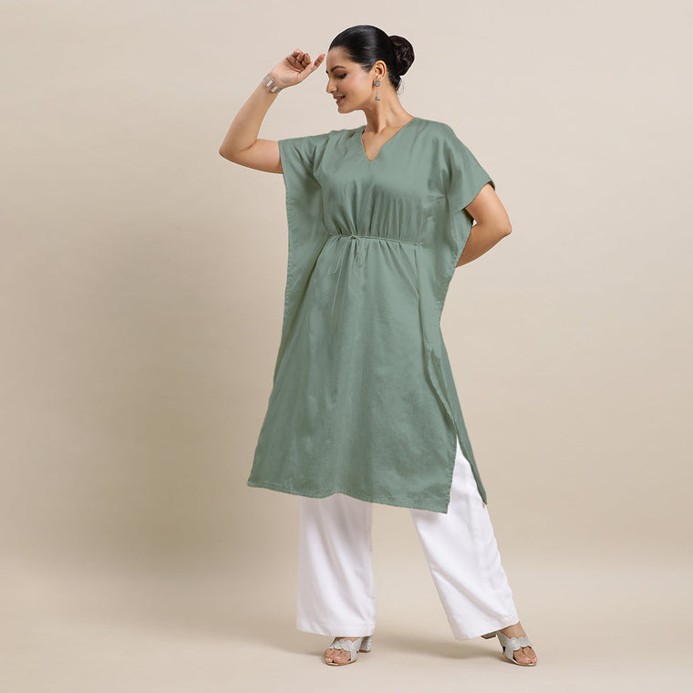 Siya x Rozaana Kurta, in Green Viscose, featuring elbow sleeves and v-neckline, made for daily & work.