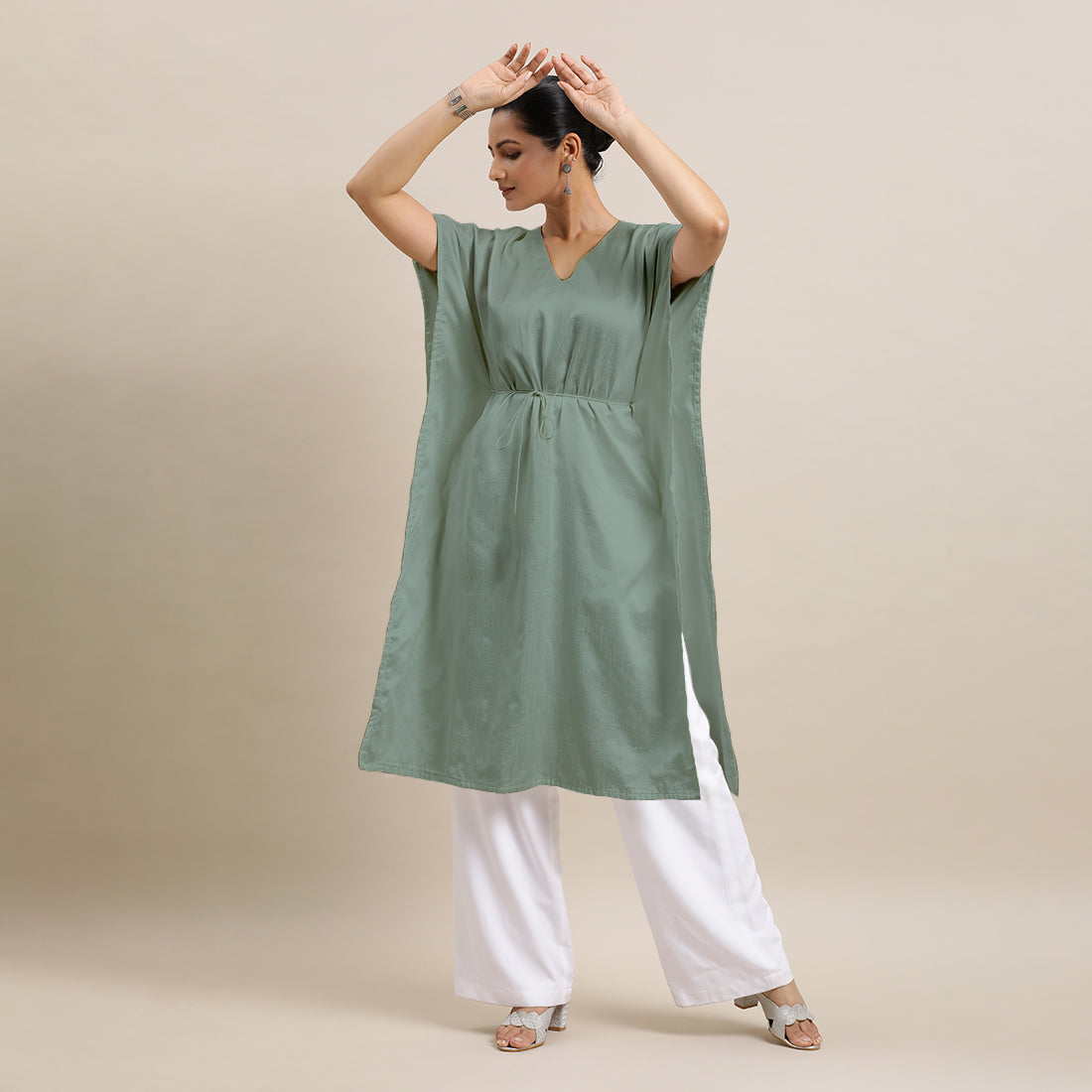Siya x Rozaana Kurta, in Green Viscose, featuring elbow sleeves and v-neckline, made for daily & work (view 8).