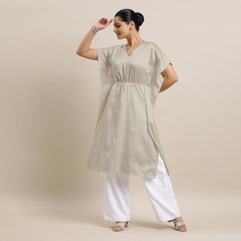 Siya x Rozaana | Kaftan Kurta in Oyster Grey with Thread Work | Coords or Only Kurta-Binks