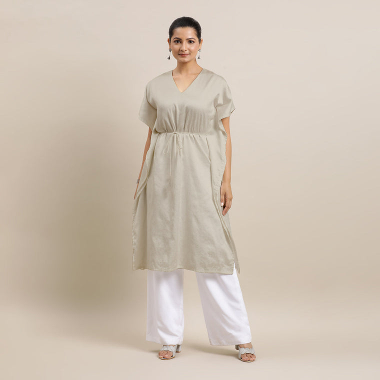 Siya x Rozaana Kurta, in Grey Viscose, featuring elbow sleeves and v-neckline, made for daily & work (view 3).