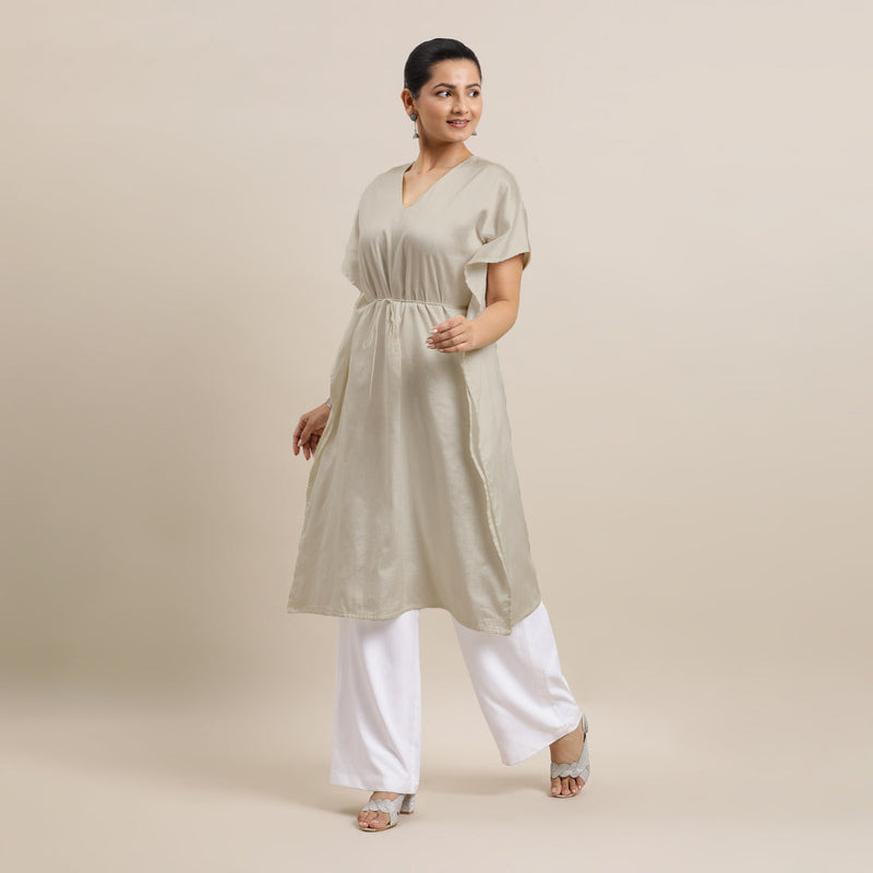 Siya x Rozaana | Kaftan Kurta in Oyster Grey with Thread Work | Coords or Only Kurta-Binks