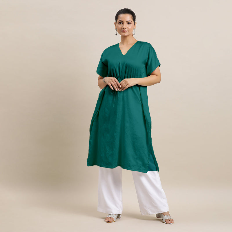 Siya x Rozaana | Kaftan Kurta in Peacock Green with Thread Work | Coords or Only Kurta-Binks