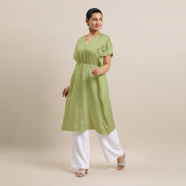 Siya x Rozaana Kurta, in Green Viscose, featuring elbow sleeves and v-neckline, made for daily & work.