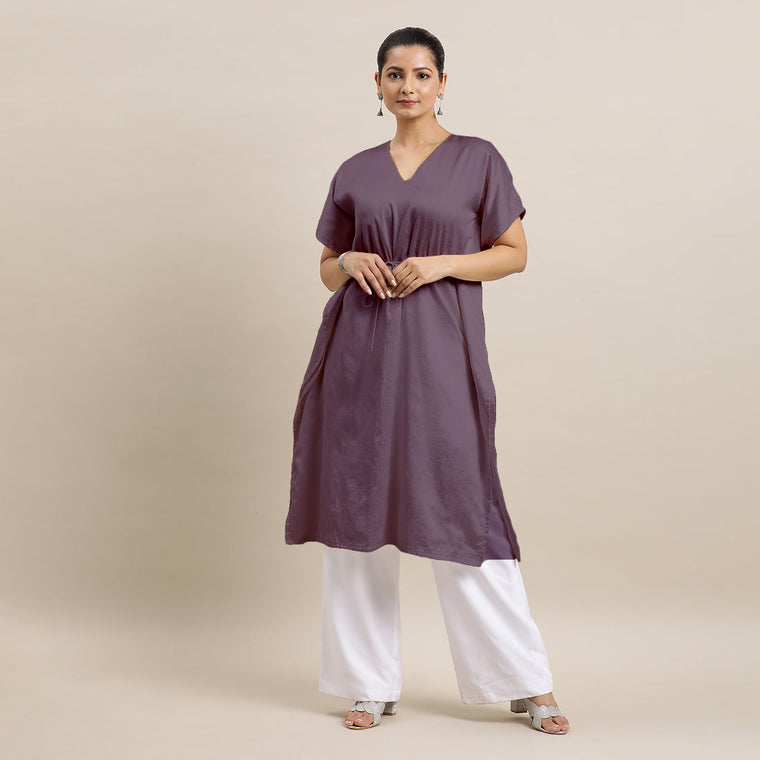 Siya x Rozaana Kurta, in Purple Viscose, featuring elbow sleeves and v-neckline, made for daily & work.