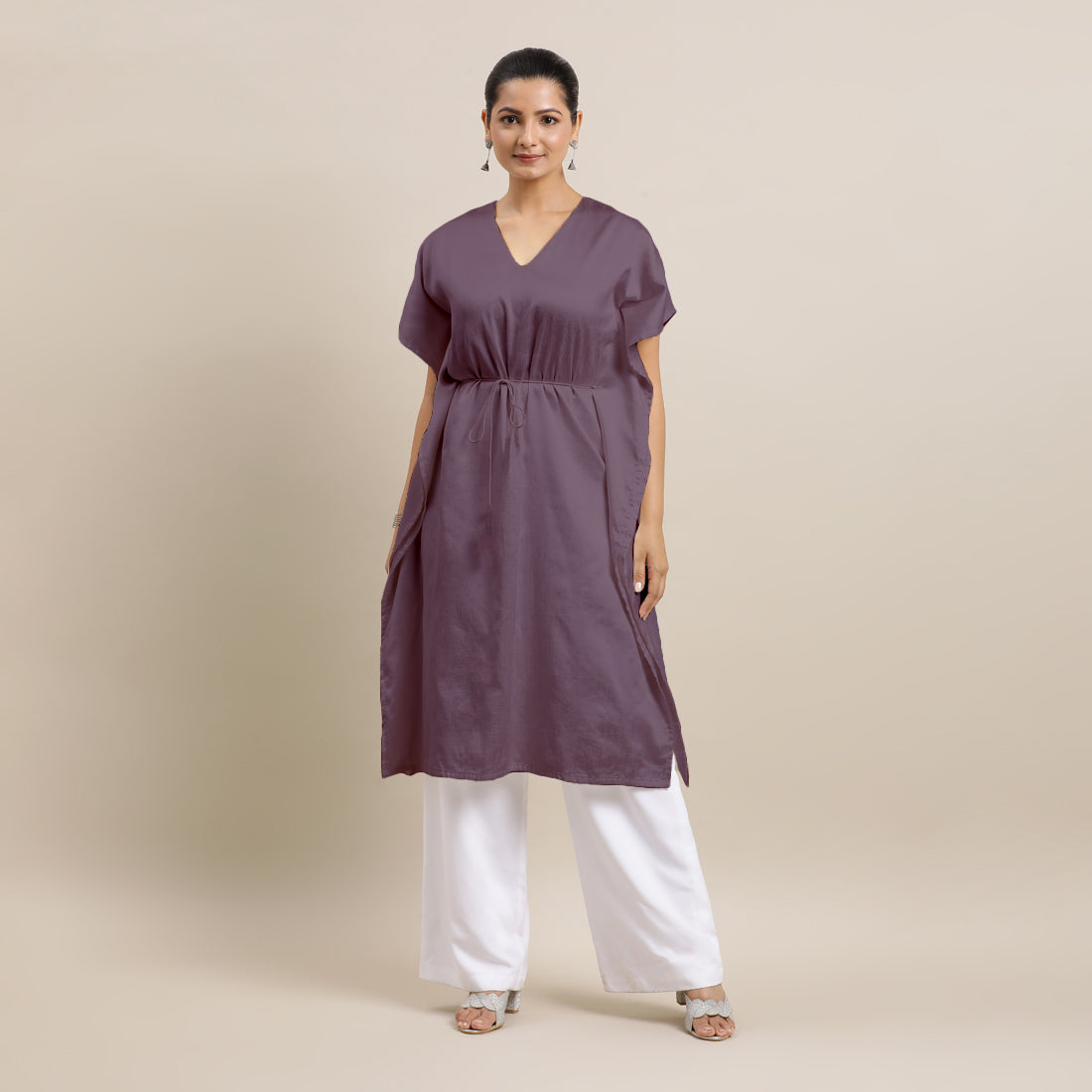 Siya x Rozaana Kurta, in Purple Viscose, featuring elbow sleeves and v-neckline, made for daily & work (view 3).
