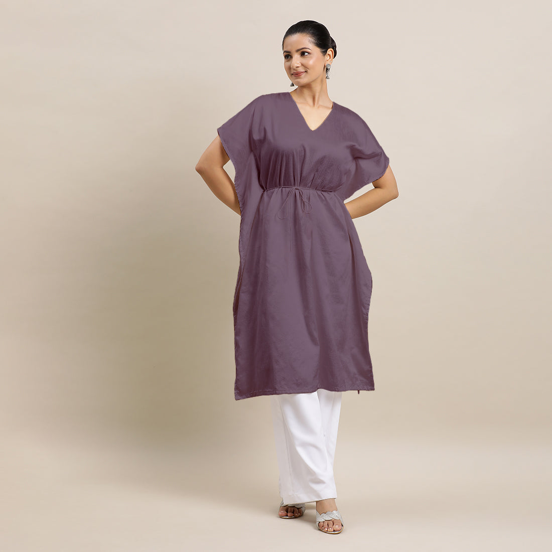 Siya x Rozaana Kurta, in Purple Viscose, featuring elbow sleeves and v-neckline, made for daily & work (view 4).