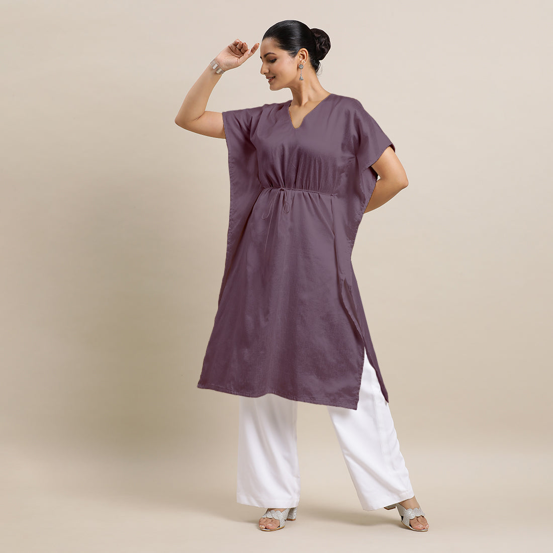 Siya x Rozaana Kurta, in Purple Viscose, featuring elbow sleeves and v-neckline, made for daily & work (view 5).