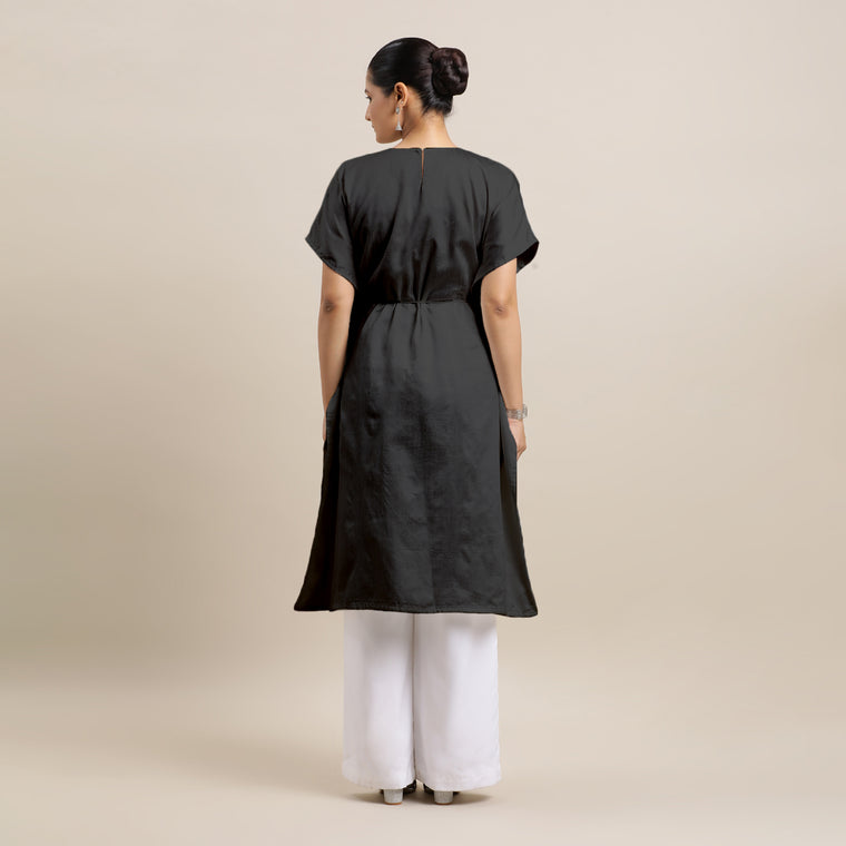 Siya x Rozaana Kurta, in Black Viscose, featuring elbow sleeves and v-neckline, made for daily & work (view 2).