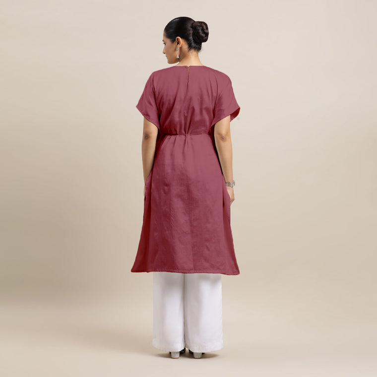 Siya x Rozaana Kurta, in Pink Viscose, featuring elbow sleeves and v-neckline, made for daily & work (view 2).