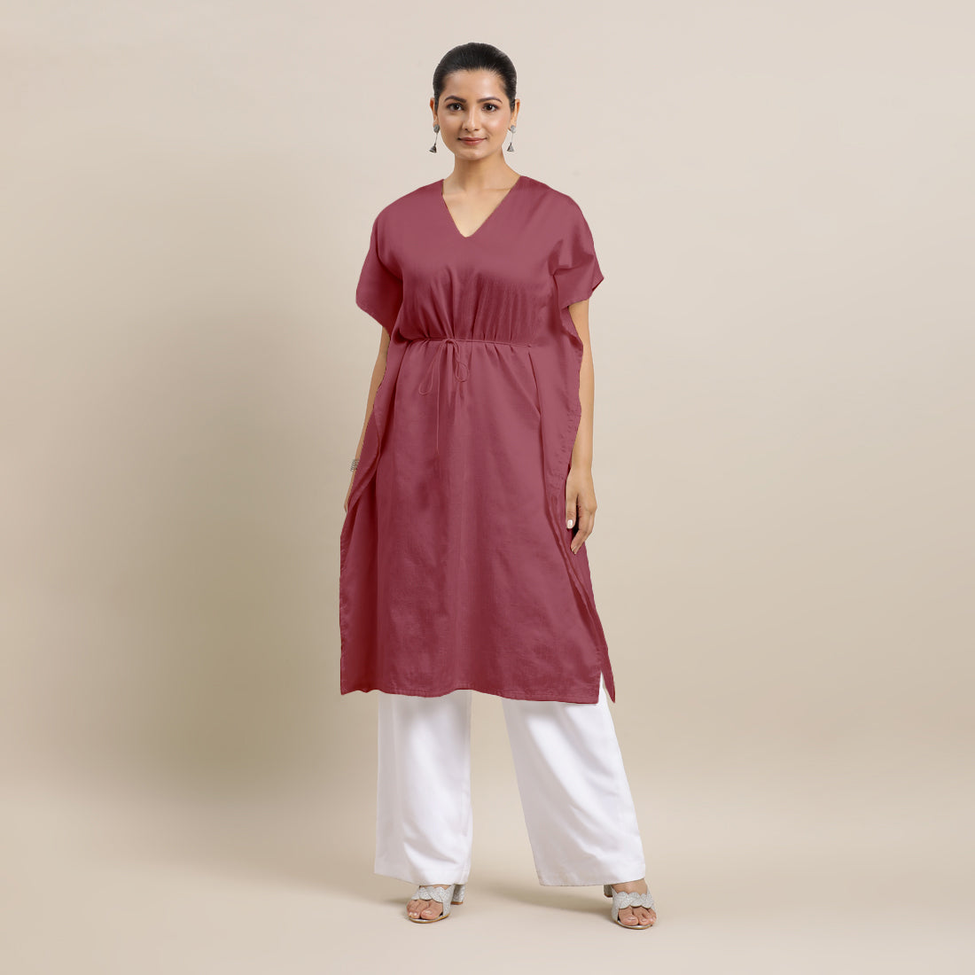 Siya x Rozaana Kurta, in Pink Viscose, featuring elbow sleeves and v-neckline, made for daily & work (view 3).