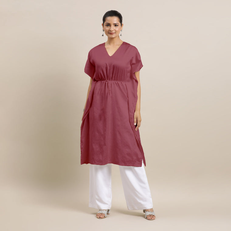 Siya x Rozaana Kurta, in Pink Viscose, featuring elbow sleeves and v-neckline, made for daily & work (view 3).