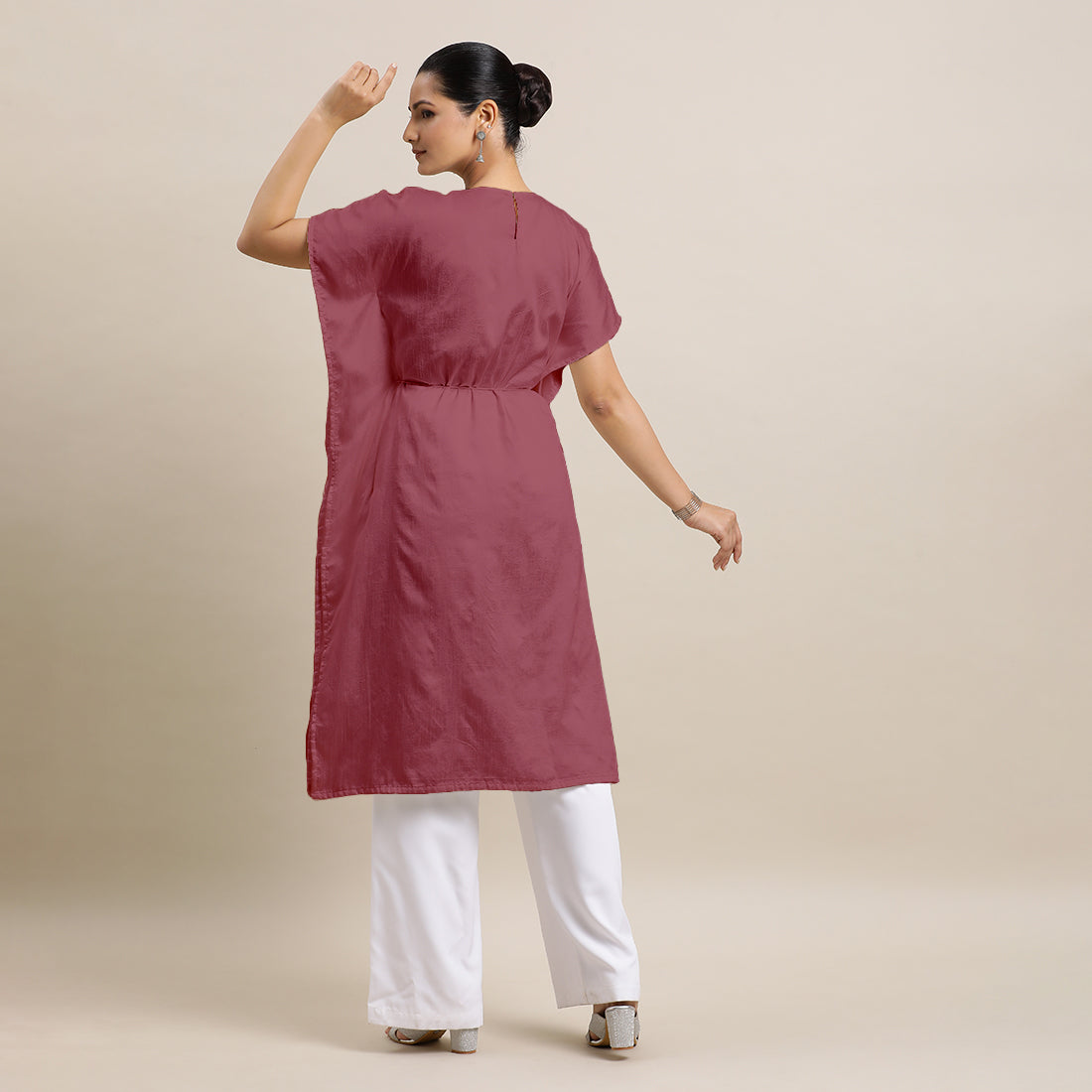 Siya x Rozaana Kurta, in Pink Viscose, featuring elbow sleeves and v-neckline, made for daily & work (view 6).