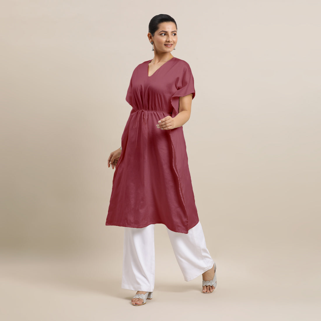 Siya x Rozaana Kurta, in Pink Viscose, featuring elbow sleeves and v-neckline, made for daily & work (view 7).