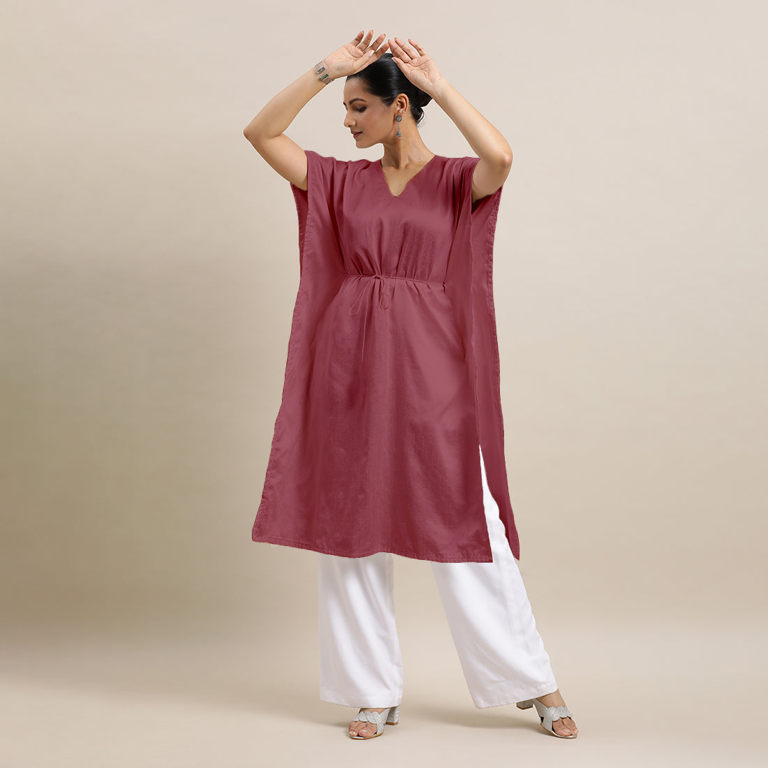 Siya x Rozaana Kurta, in Pink Viscose, featuring elbow sleeves and v-neckline, made for daily & work (view 8).
