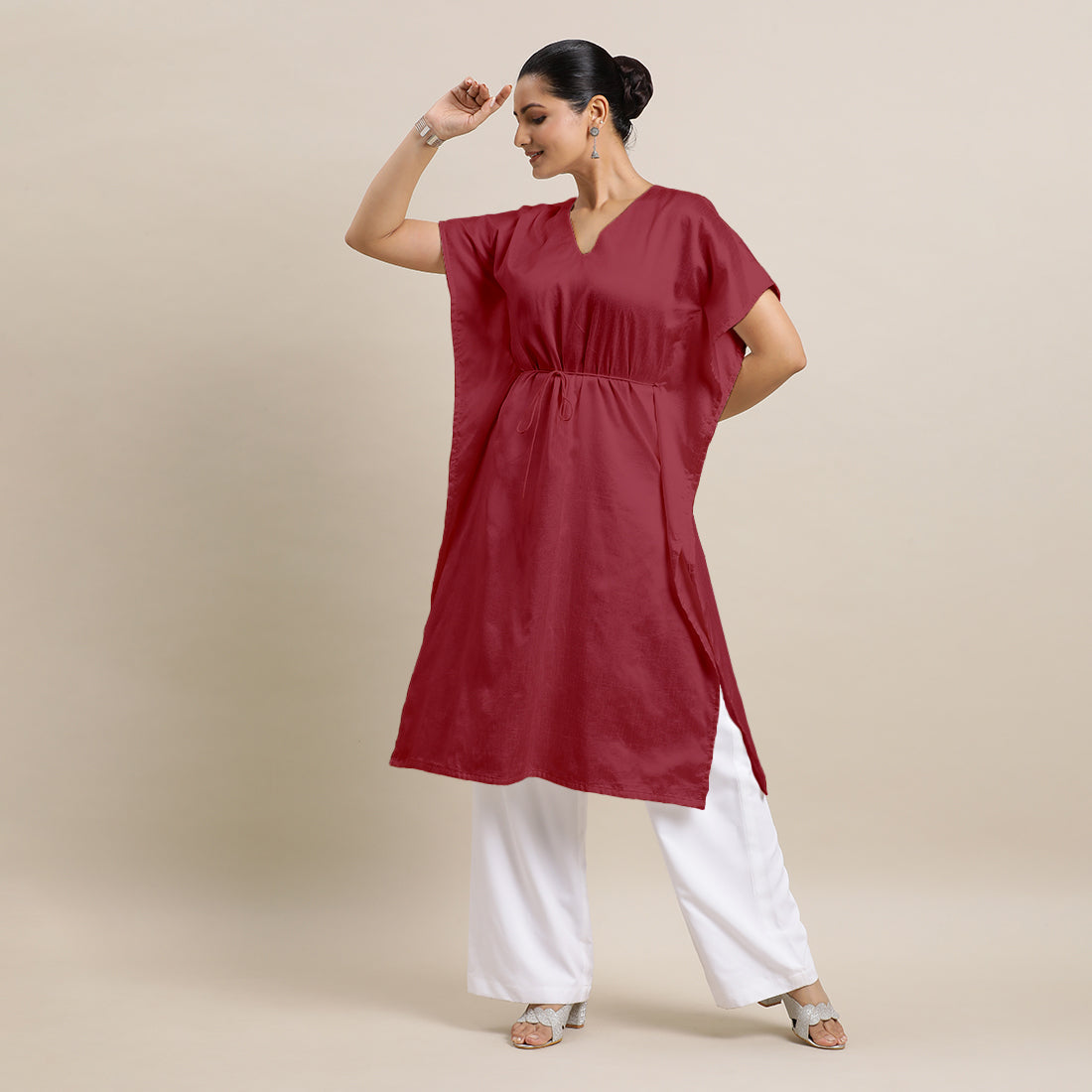 Siya x Rozaana Kurta, in Red Viscose, featuring elbow sleeves and v-neckline, made for daily & work (view 3).