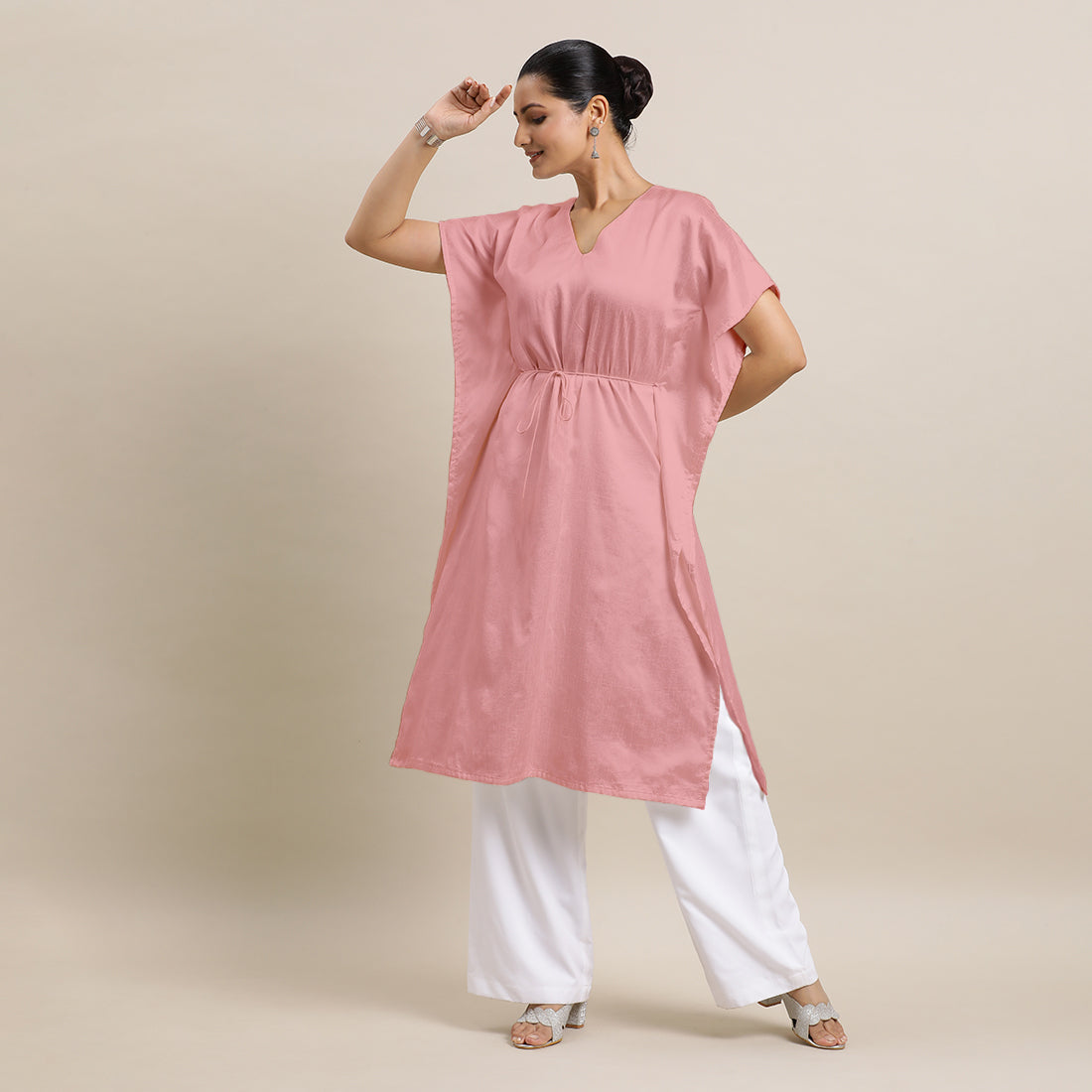 Siya x Rozaana Kurta, in Pink Viscose, featuring elbow sleeves and v-neckline, made for daily & work.
