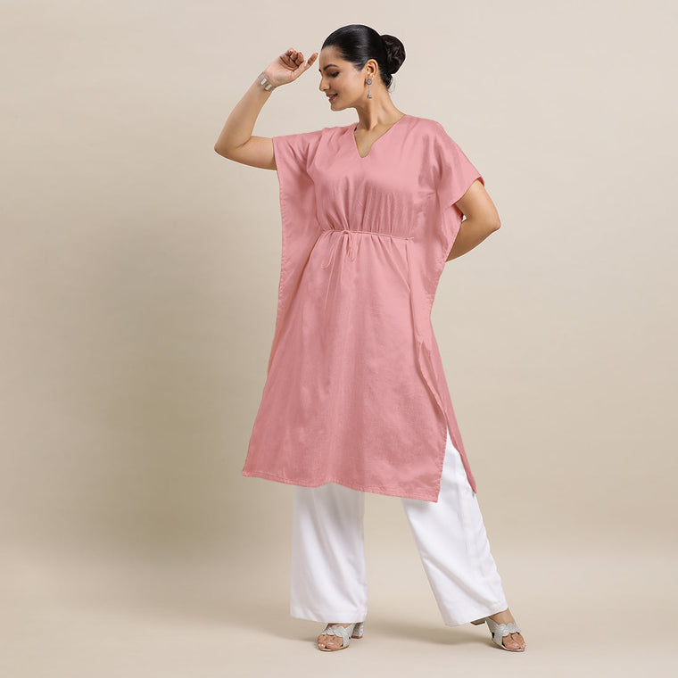 Siya x Rozaana Kurta, in Pink Viscose, featuring elbow sleeves and v-neckline, made for daily & work.