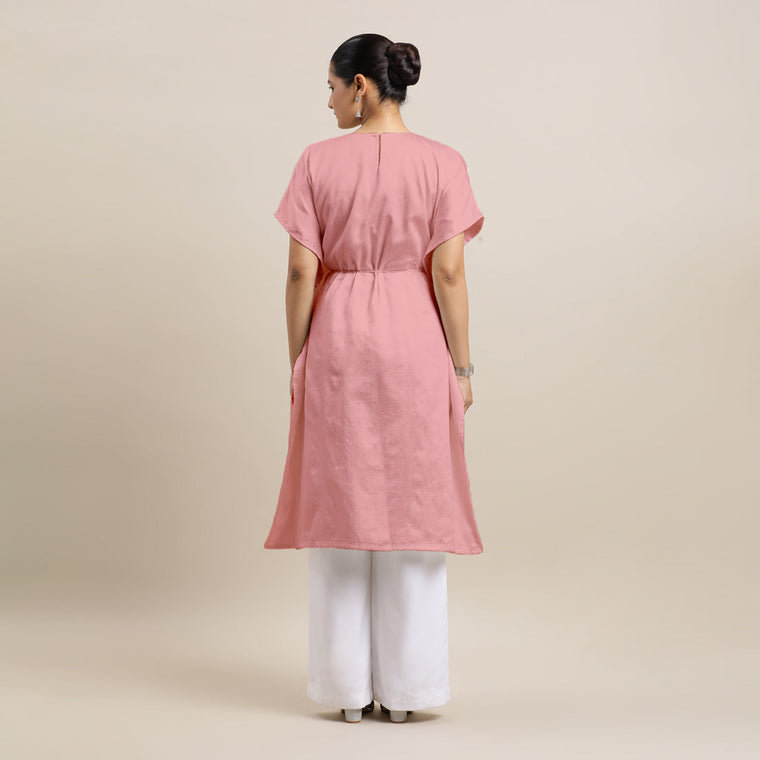 Siya x Rozaana Kurta, in Pink Viscose, featuring elbow sleeves and v-neckline, made for daily & work (view 2).