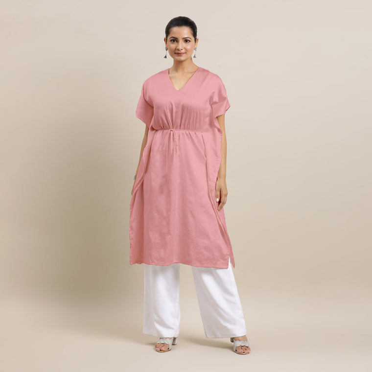 Siya x Rozaana Kurta, in Pink Viscose, featuring elbow sleeves and v-neckline, made for daily & work (view 3).