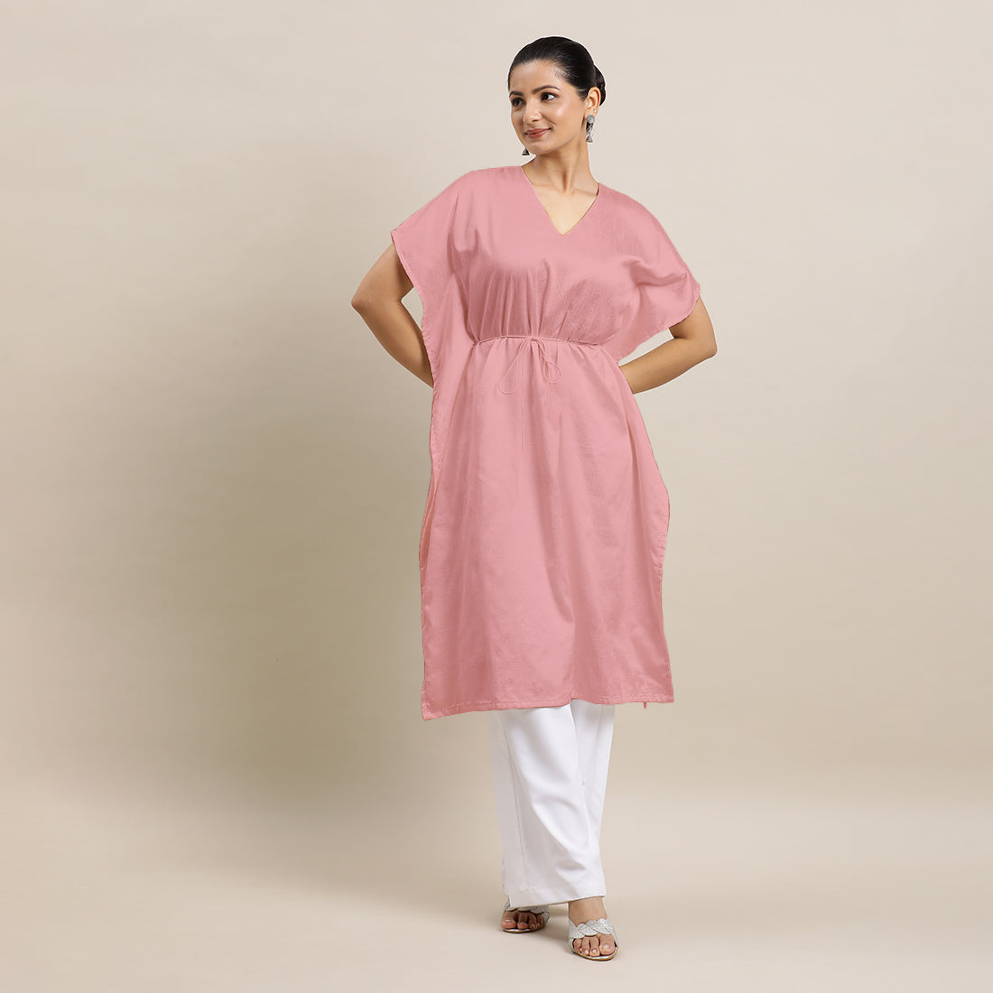 Siya x Rozaana Kurta, in Pink Viscose, featuring elbow sleeves and v-neckline, made for daily & work (view 4).