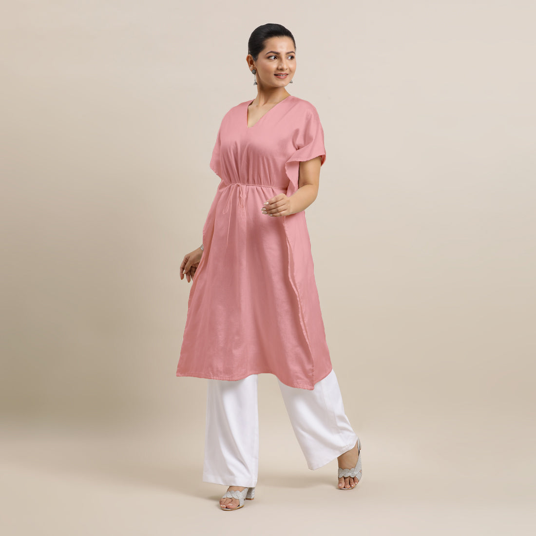Siya x Rozaana Kurta, in Pink Viscose, featuring elbow sleeves and v-neckline, made for daily & work (view 6).
