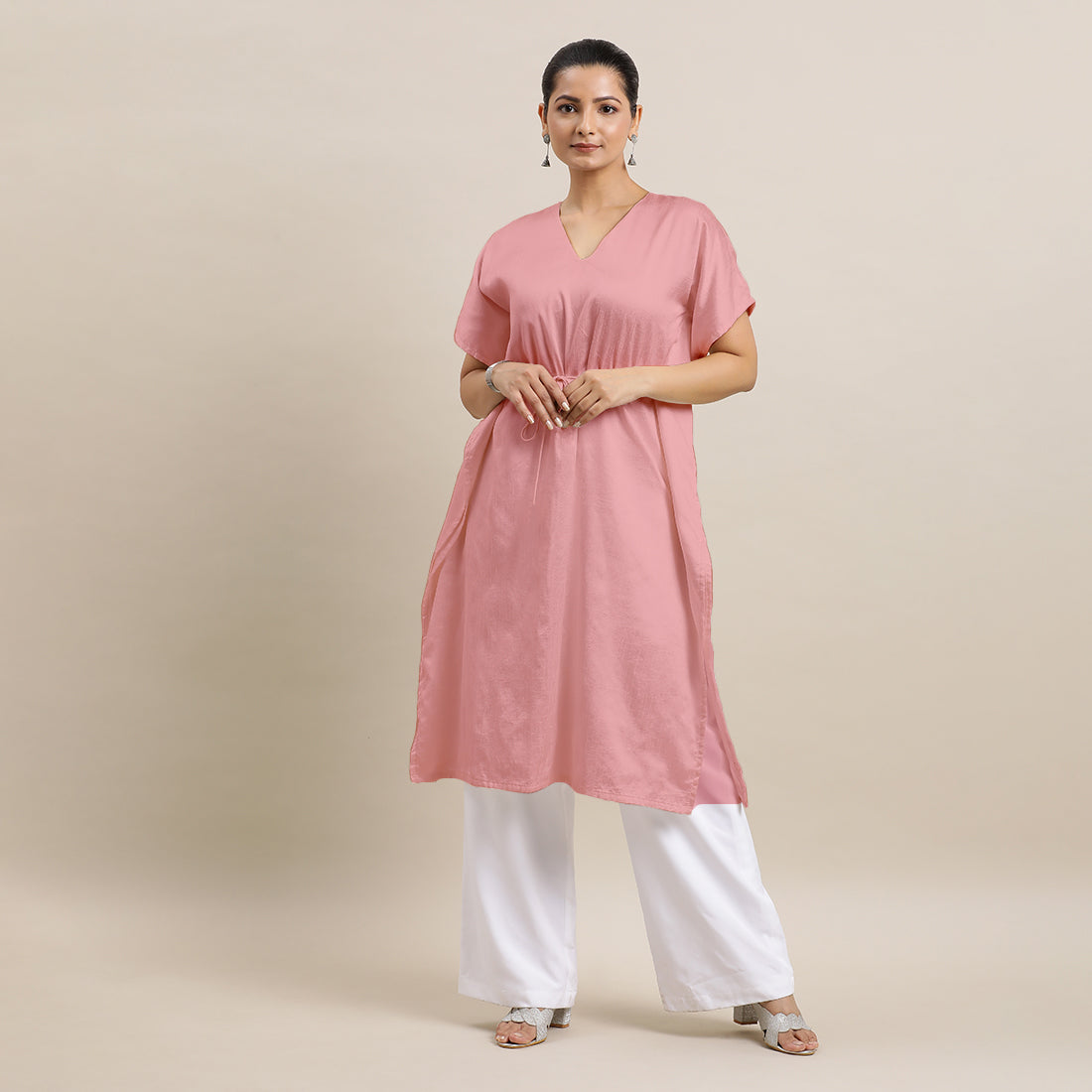 Siya x Rozaana Kurta, in Pink Viscose, featuring elbow sleeves and v-neckline, made for daily & work (view 7).